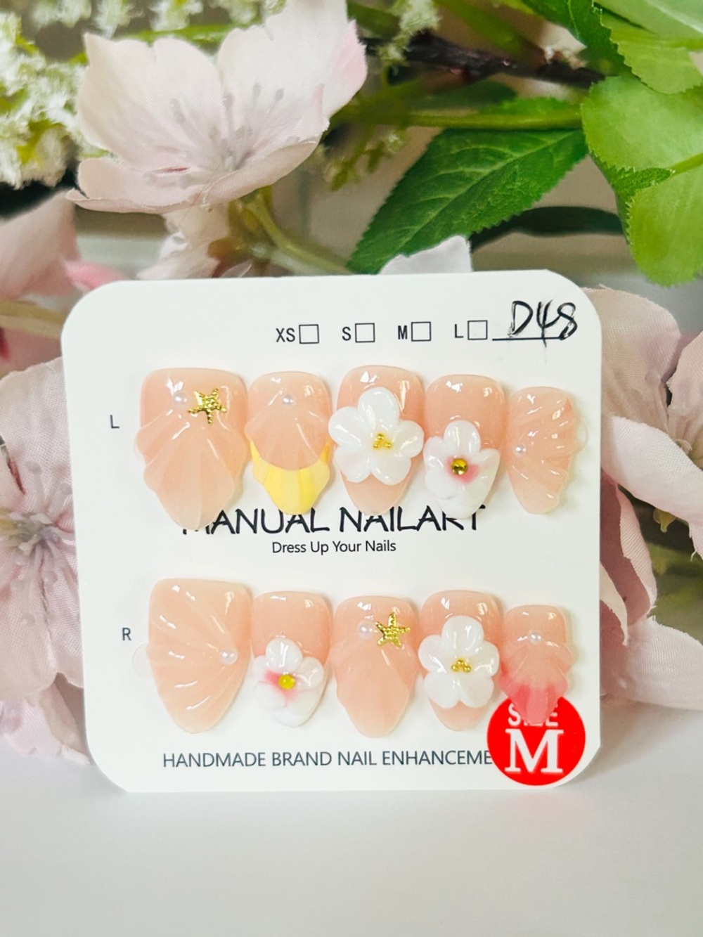 Handmade Peach Floral Press-On Nails - Size M